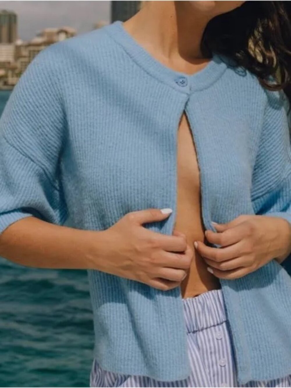 Daily Drills Light Blue one button Knit Cardigan